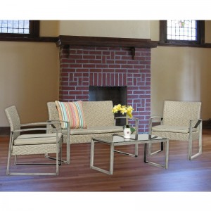 4 piese Set de conversații în aer liber Patio grădină piscină Peluză Rattan răchită canapea canapea Scaun amortizat și sticlă Set de mobilier de masă de cafea