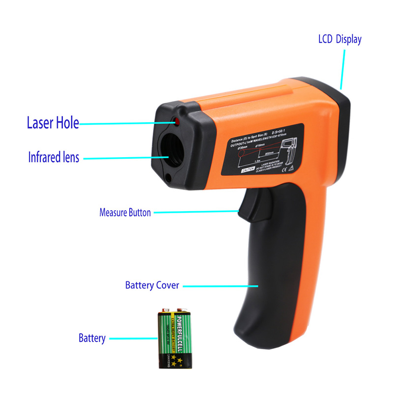 Pistol de temperatură cu laser Termometru cu infraroșu de contact -50 ~ 1600 Reglarea emisivității