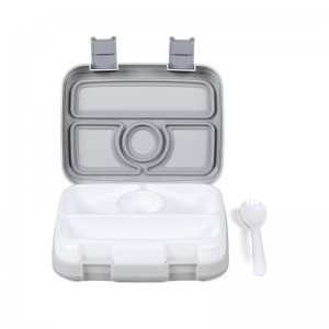 Cutie de pranz Bento pentru copii cu 4 compartimente din plastic cu set de tacâmuri