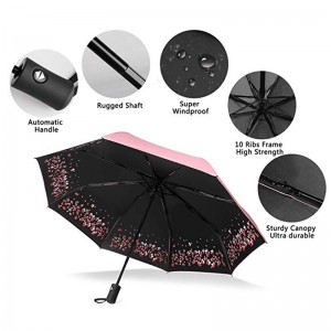 Umbrelă de imprimare personalizată cu flori cu acoperire neagră Protecție UV 3 umbrele