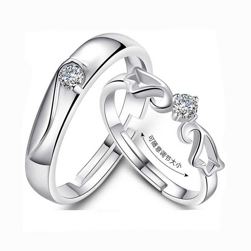 Inelul de argint 925 cu diamant creativ Cuplu cuplu deschis cu inelul cu gura, bijuterii din argint Stea strălucitoare