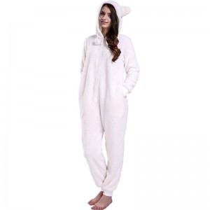 Femei Crema Onesie Pijama cu guler cu urechi de animale