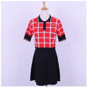 Design personalizat cu mânecă scurtă Polo guler contrast culori carouri carouri birou tricotat rochie pulover