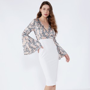 Rochie albă cu mâneci florale cu mâneci fluturi formale bodycon rochie pentru femei 2019