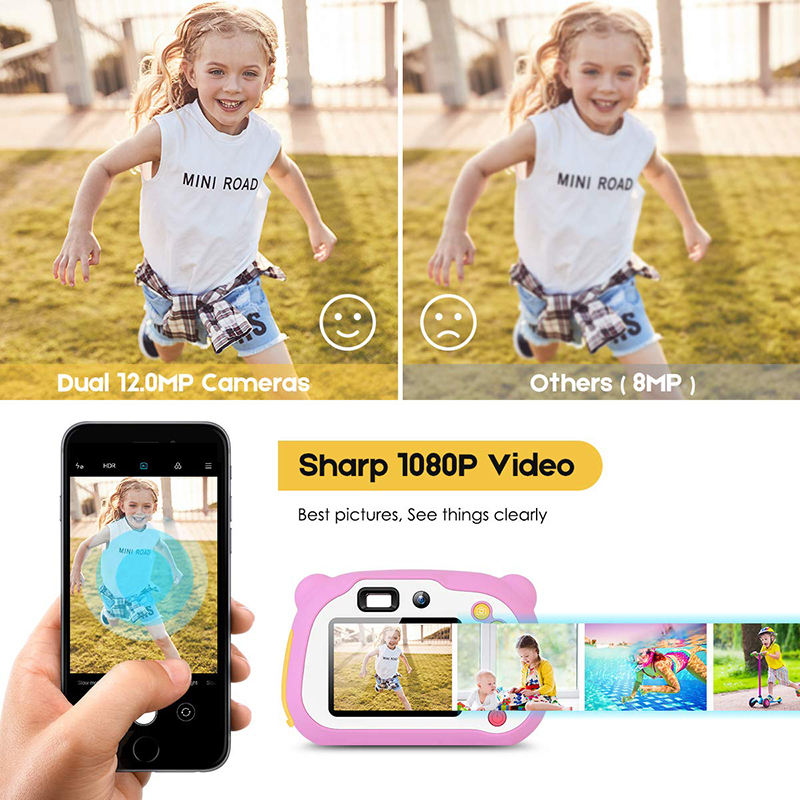 Kids Camera 8.0MP reîncărcabilă Digital Camera frontală și spate Selfie Camera video pentru copii, cadou pentru băieți și fete de 4-10 ani