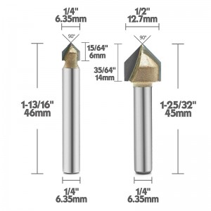Bit de router cu canelură în 90 de grade V, cu tăietură de șanțier cu 2 caneluri, în formă de carbură, acoperită cu titan, în formă de carbură, cu șanț de 1/4 inci