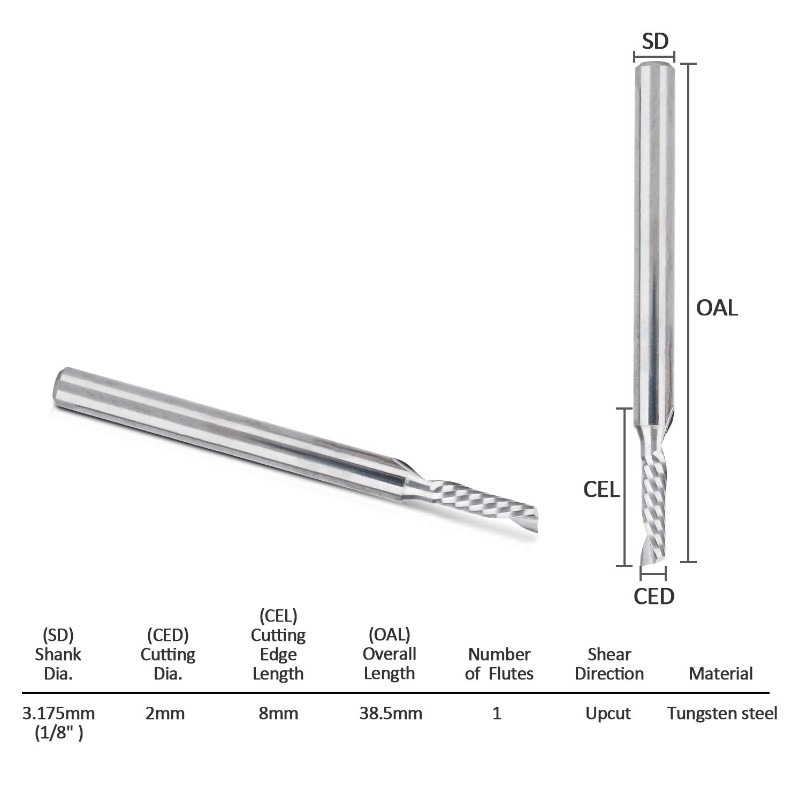 Bucăți de router CNC, șurub de șurub cu șurub de șurub de 1/8 ”, 1 set de freze de fluturi Cutter de frezare 2mm Tăiere cu un singur flaut Instrument de gravare din oțel cu wolfram 8mm CEL, 38.5mm OAL pentru MDF Acrilic PVC