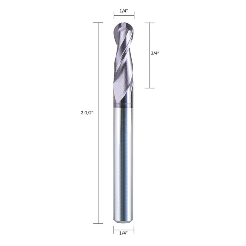 Moara de capăt cu carbură cu bile, tăietor CNC, router, muște, flauturi duble, instrument de frezare spirală, 1/4 inci, coadă, cu 3 inci peste lungime