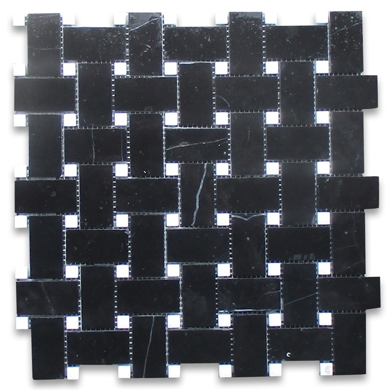 Marmura neagra Nero Marquina 1x2 coșuri de țesut mozaic alb punctate