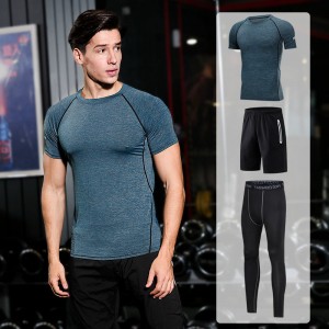 FDMM003-3 Costum de fitness, tricou + pantaloni scurți pentru bărbați + pantaloni strânși pentru alergare