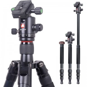 Kit King Tripod Travel, trepied pentru camere video din aluminiu cu cap de tracțiune cu lichid, coloană centrală, unghi unghi reglabil, compatibil cu fotografierea video Canon Nikon DSLR