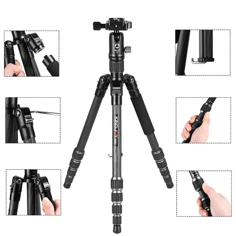 KINGJOY Trepied portabil pliabil din aluminiu portabil cu 5 secțiuni din aluminiu portabil, trepied foto cu set de bile pentru DSLR