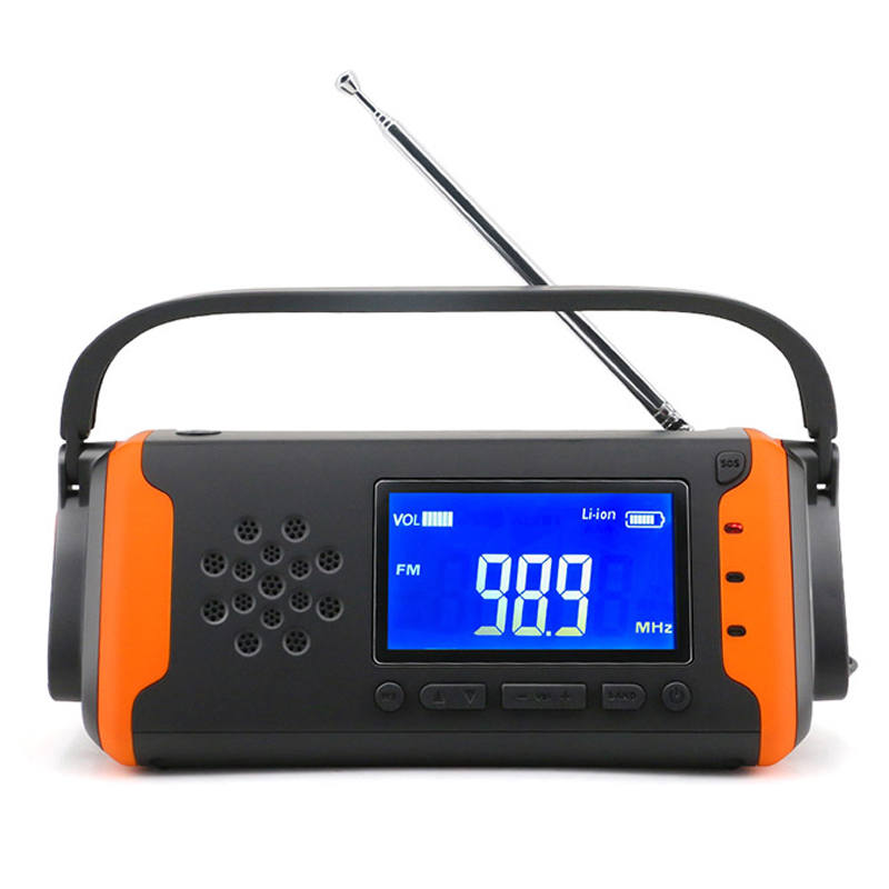 Radio digitală digitală de urgență LCD, manivelă solară cu radio AM / FM NOAA cu lanternă LED, player muzical AUX-in, bancă de putere de 4000mAh pentru încărcător de telefon mobil și alarmă SOS