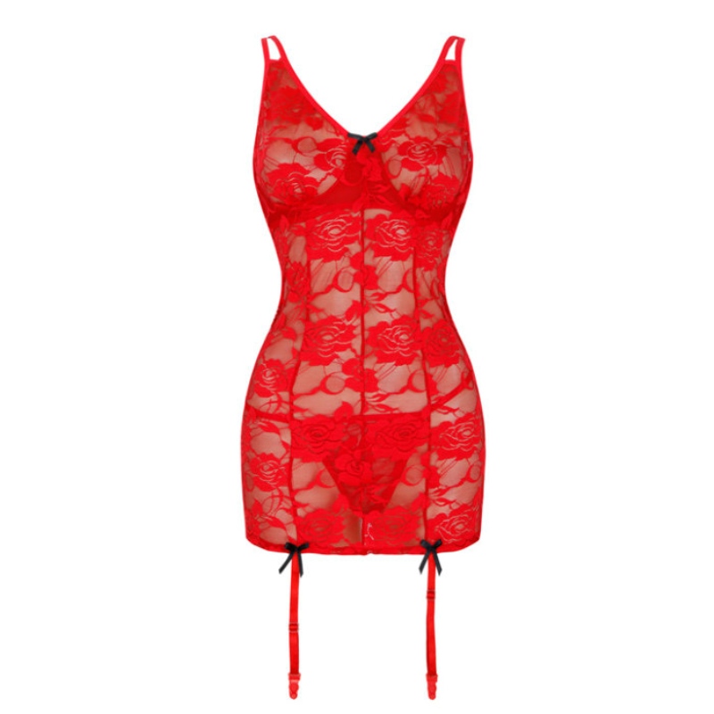 lenjerie sexy pentru femei, lenjerie sexy pentru femei plus mărime, lenjerie sexy pentru sex Roșu See-through Floral Dantelă Spaghetti Bretele Chemise Lenjerie Set