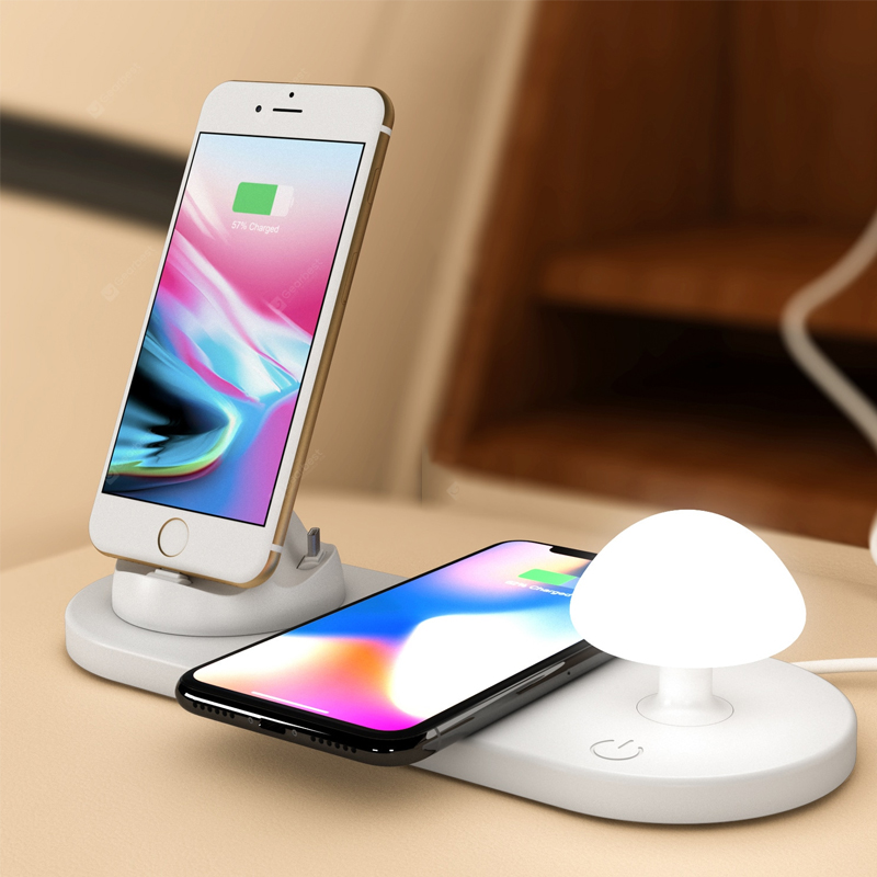 3 în 1 Wireless încărcare Formă de ciupercă Lampa tap Tap Usb Încărcător multi-port Lampă de noapte Ciupercă - Alb