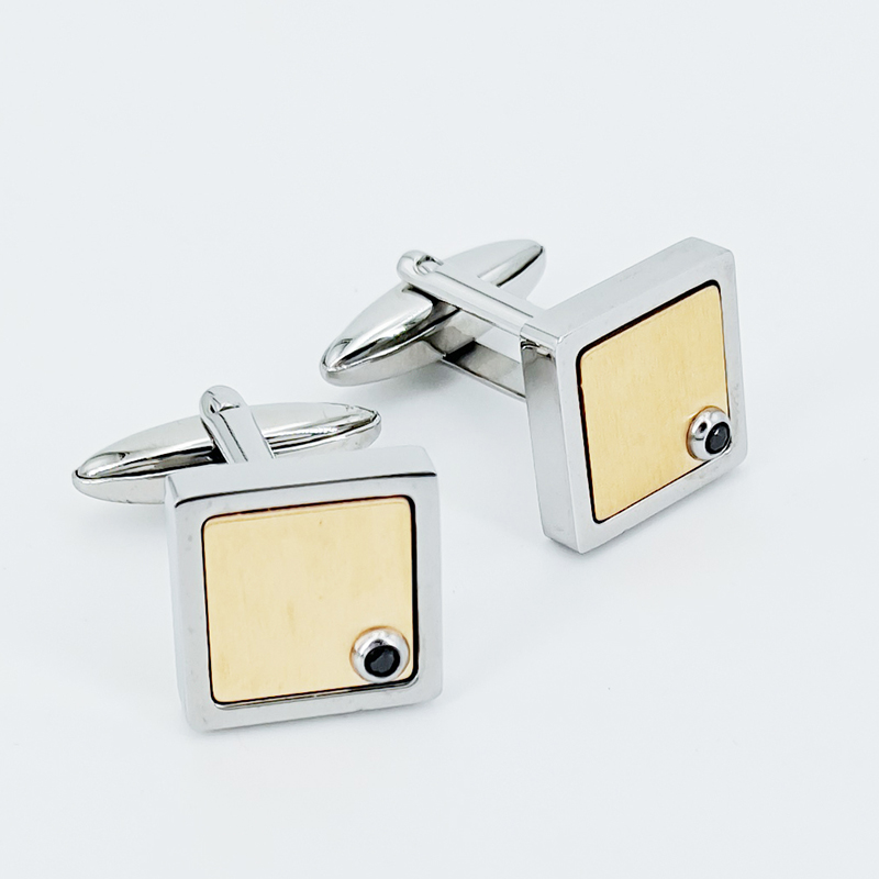 Butoni pentru bărbați, placate cu aur, din oțel inoxidabil, cu pietre negre CZ