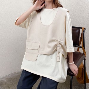 Design liber, stil minimalist, rotund, cu guler, cu mânecă cusută, casual, bumbac și lenjerie, cu dimensiuni mari, personalizate, 19527, tricouri + veste