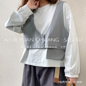 Design fără echipament Minimalist Stil Round Collar Stil cusută mânecă Casual Solid culoare bumbac și lenjerie supradimensionat personalizate 19608 T-shirts +Waistcoats