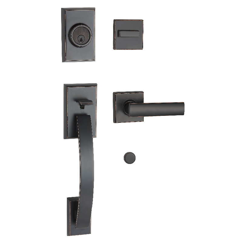 8001 Heavy Duty Intred Front Woor Handleset cu un singur cilindru Deadbolt și Manevră cu manetă Finisaj din bronz frecat