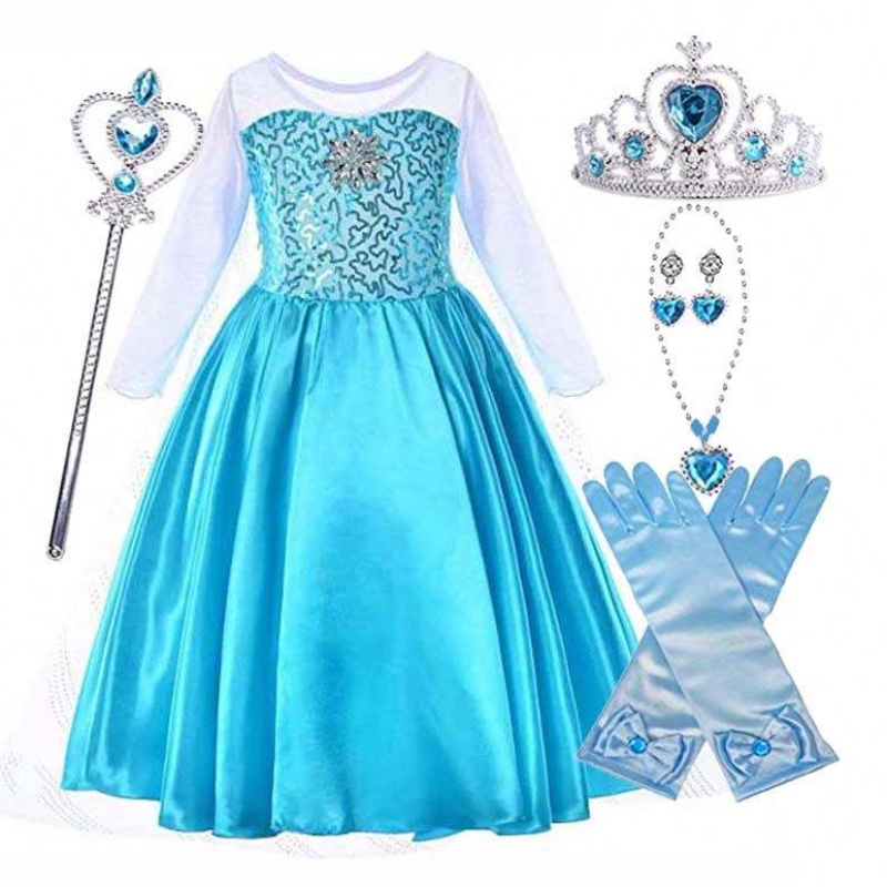 Snow Party Queen Halloween Costum cu mânecă lungă Snow Snow Queen Sequin Elsa Rochie pentru fete cu accesorii HCGD-006