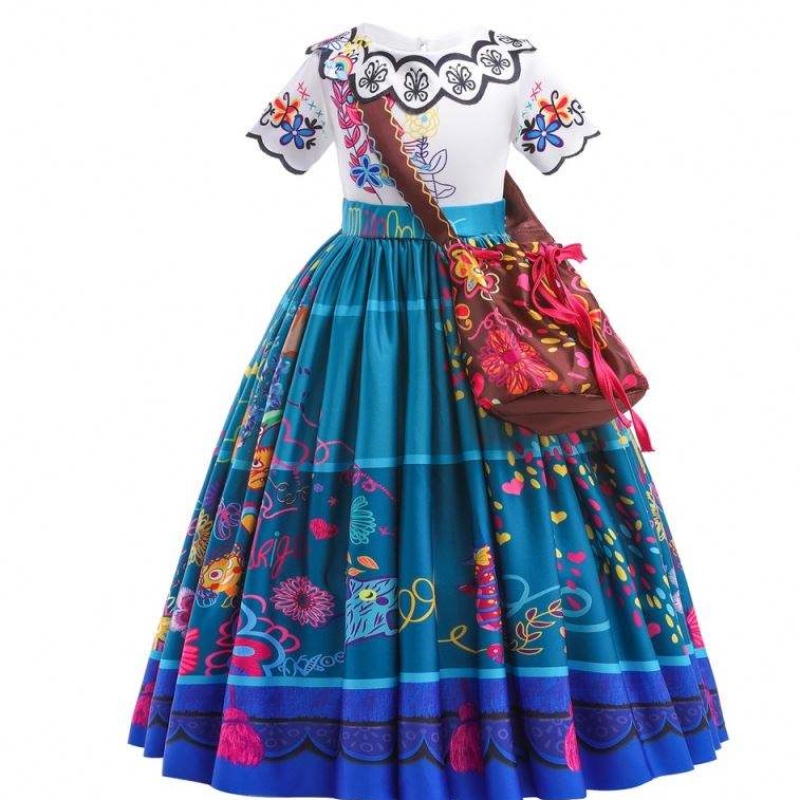 2022 Hot Sale Hea Girls Encanto Movie Dress Up Mirabel Costum Copii Copiii de vară Rochie lungă cu geantă