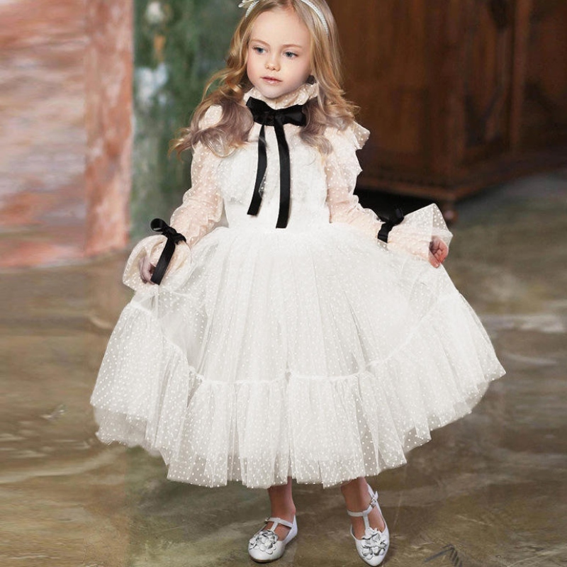 Polka-dot Tulle Flower Girl rochii iluzie cu mâneci lungi pentru fete pentru petreceri denuntă panglici comunion Anul Nou denaștere rochie