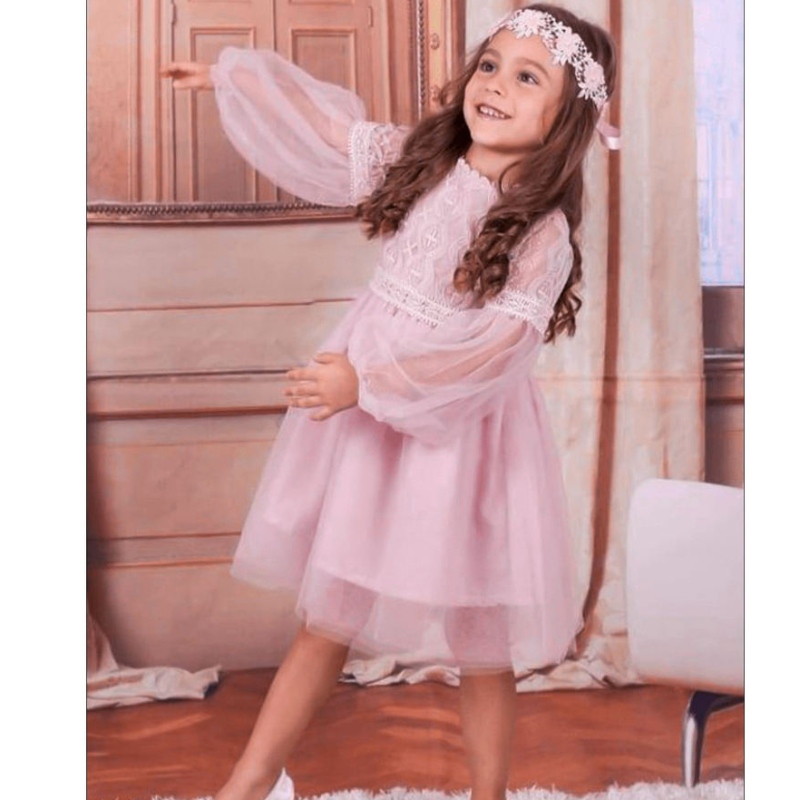 Fetițe albe rochie de dantelă roz roz cu mânecă lungă copii prințesă pageant rochii de petrecere de ziua denaștere rochie de epocă 3 8 14 ani