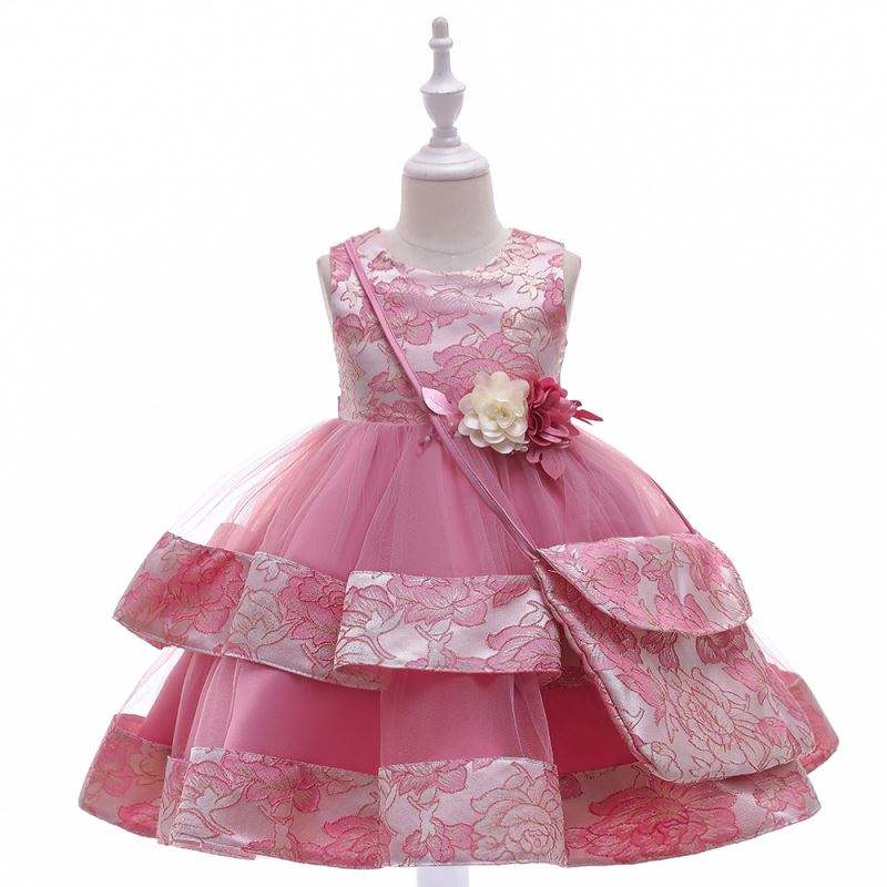 Baige New Design Flower Girl Party Rochie cu mini geantă Satin Birthday Nuntanunta Prințesă Rochie L5216