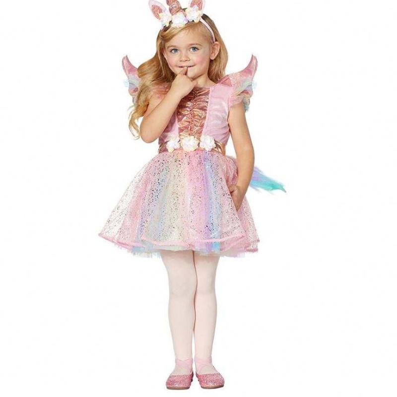 Baige cu mânecă scurtă cu paiete strălucitoare fustă din tul cu bandă de cap gratuită și fetiță aripă de Halloween Costum unicorn