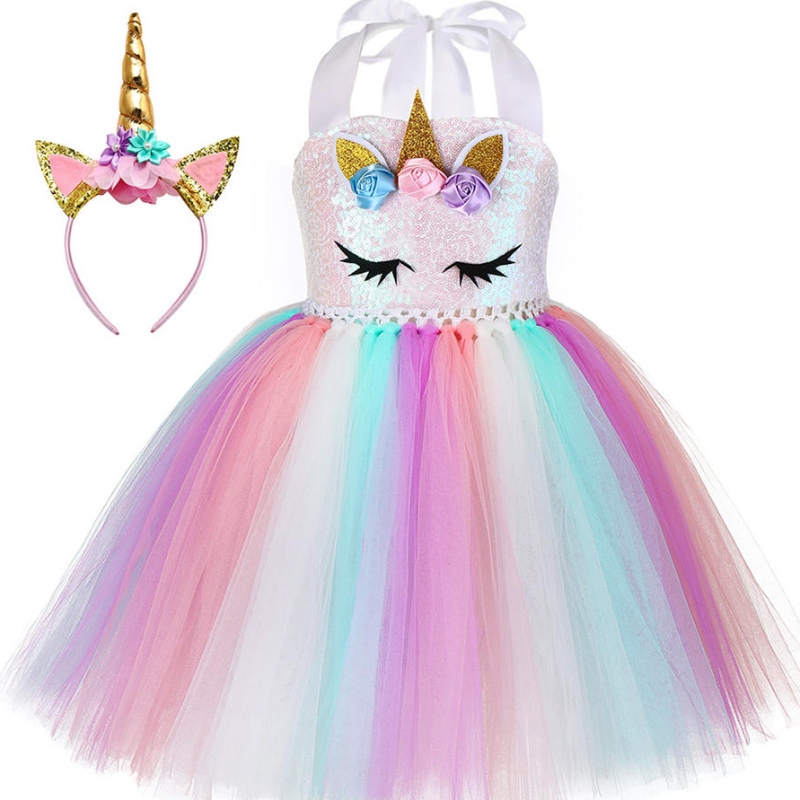 Copil pentru copii pentru copii pentru zi denaștere cosplay costum LED Lumină Up Rainbow Unicorn Fluffy Strat Tulle Tulle Tutu cu bandă de cap