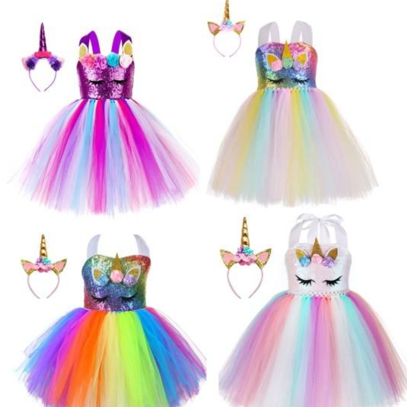 Copil pentru copii pentru copii pentru zi denaștere cosplay costum LED Lumină Up Rainbow Unicorn Fluffy Strat Tulle Tulle Tutu cu bandă de cap