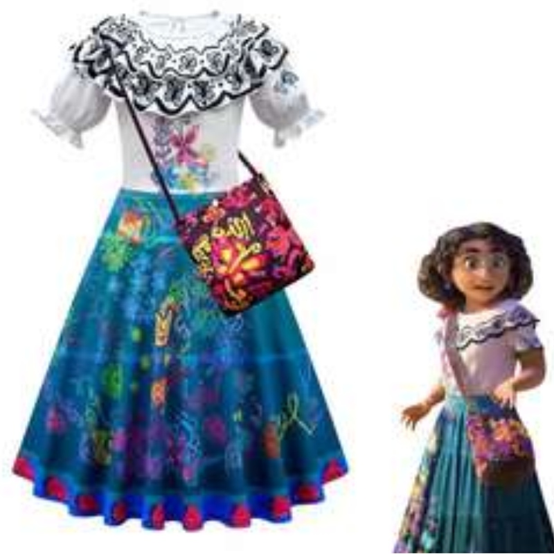 Baige Kids Girls Encanto Mirabel Cosplay Rochie cu geantă Costum Costum de Carnaval Halloween