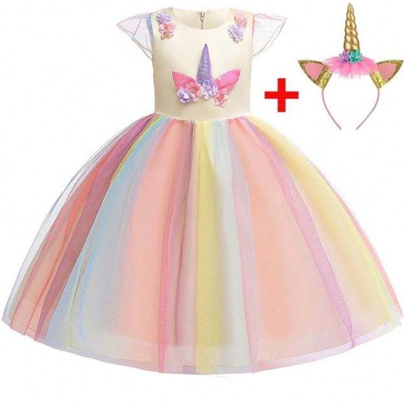 Baige Ruffles de înaltă calitate unicorn rochie pentru copii copii frumoși rochii modele pentru copii smocked DJS003