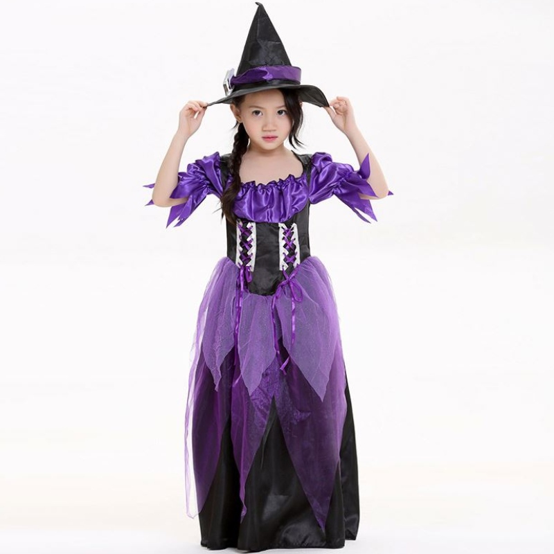 Carnaval Party Mardi Gras Fantasia Copii Copii Fata Fairytale Purple Witch Costum Copii cu pălărie HCVM-015