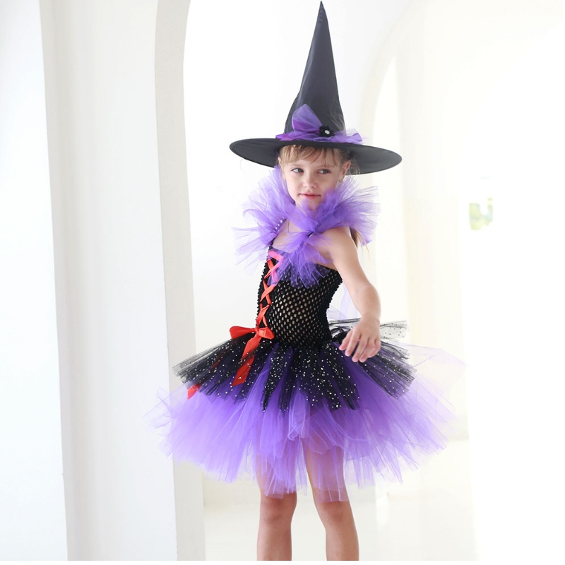 Costum de rochie de vrăjitoare Tutu Amazon pentru fete cu pălărie vrăjitoare de Halloween Carnavalul petrecere