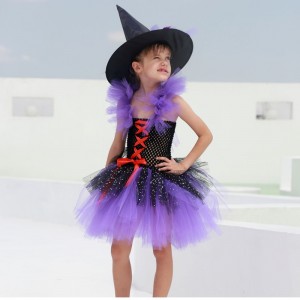 Costum de rochie de vrăjitoare Tutu Amazon pentru fete cu pălărie vrăjitoare de Halloween Carnavalul petrecere