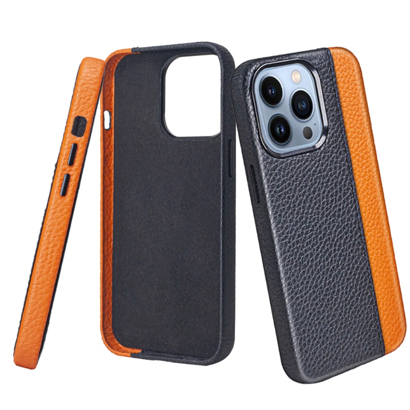 Apple iPhone 14pro Telefon mobil Carcasă din piele, protecție all-inclusive de 360 ​​de grade, color la modă care se potrivește cu Black/orange Telefon mobil, butoane metalice sensibile și durabile