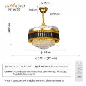Ventilator de plafon K008 CHANDELIER CU LUMINA CU COLOR DE TOMEL 42 inch 3 cu candelabrul ventilatorului de cristal de difuzor