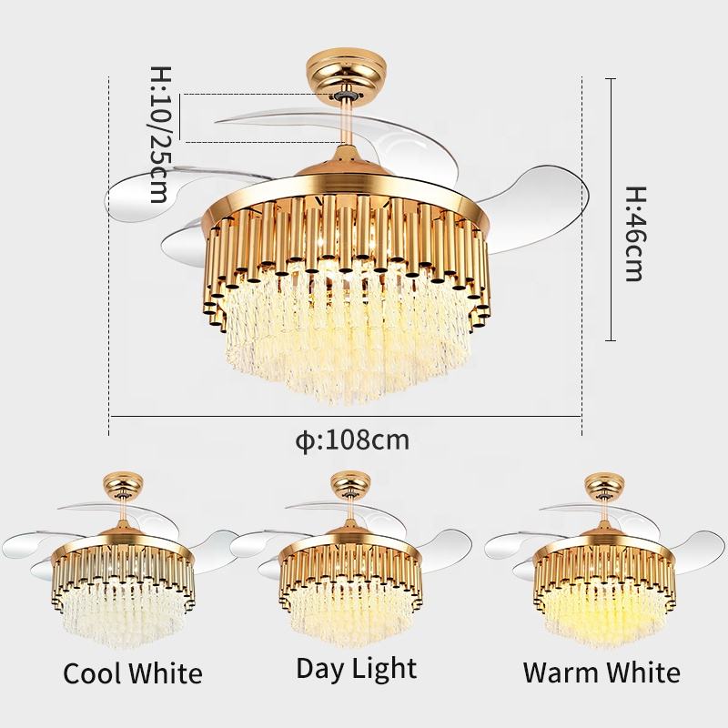 K009 Candelabru ventilator de tavan cu lumina cu telecomanda 42 inch 3 culori cu difuzor cristal fan candelabru