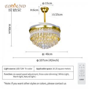 Ventilator de plafon K010 CHANDELIER CU LUMINE CU COLOR DE TOMEL 42 inch 3 cu candelabrul ventilatorului de cristal de difuzor