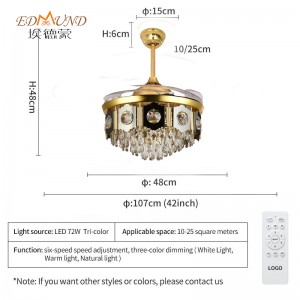 Ventilator de tavan K013 Candelabru cu lumină cu Culoare de 42 inci 3 de la distanță cu candelabrul ventilatorului de cristal de difuzor