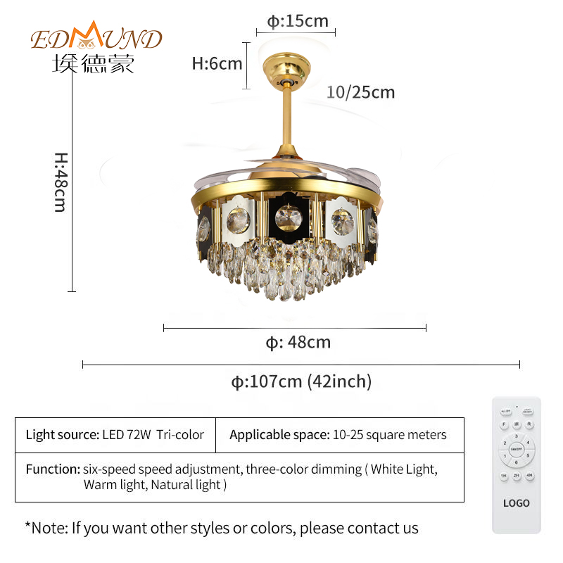 Ventilator de tavan K013 Candelabru cu lumină cu Culoare de 42 inci 3 de la distanță cu candelabrul ventilatorului de cristal de difuzor