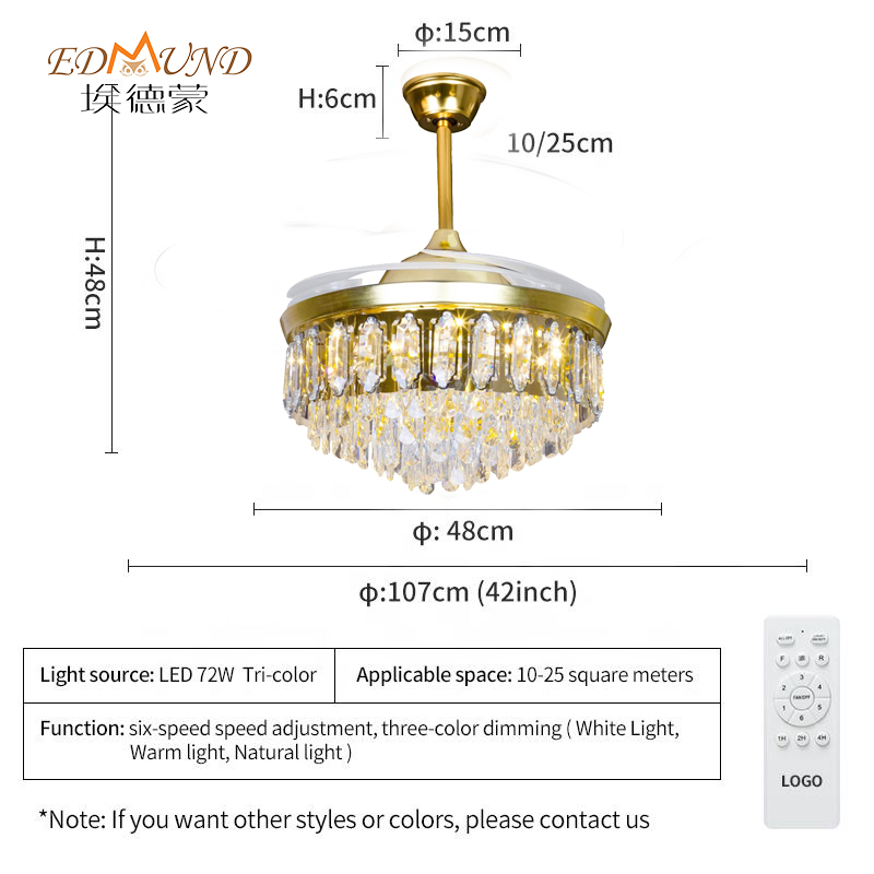 Ventilator de tavan K014 Candelabru cu lumină cu Culoare de 42 inci 3 de la distanță cu candelabrul ventilatorului de cristal de difuzor