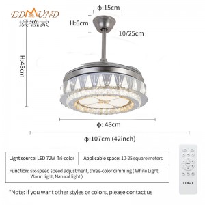 Ventilator de plafon K015 Candelabru cu lumină cu o culoare de 42 inci 3 de culoare cu candelabrul ventilatorului de cristal de difuzor de la distanță