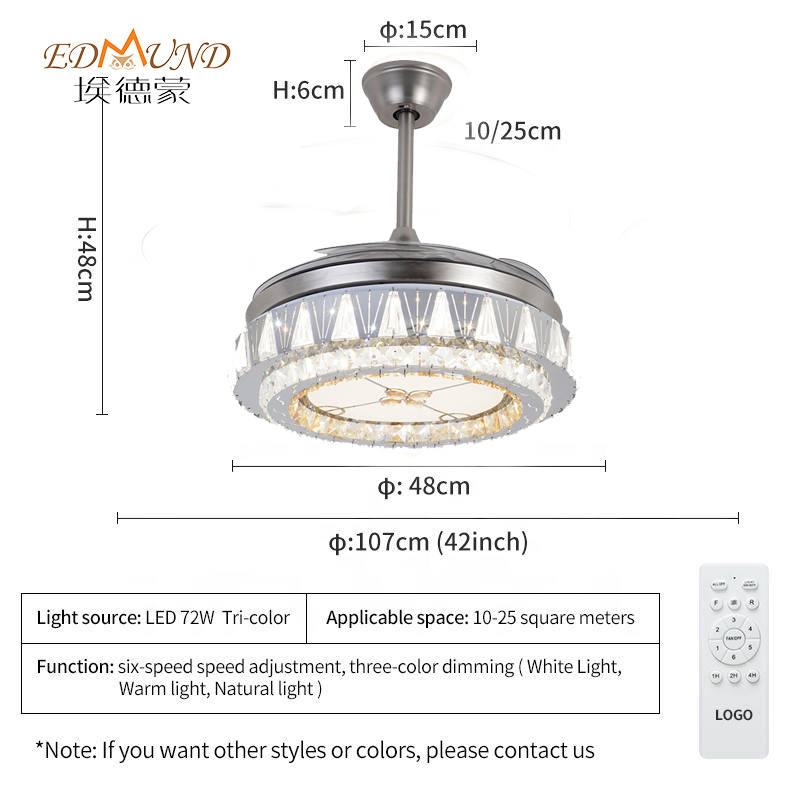 Ventilator de plafon K015 Candelabru cu lumină cu o culoare de 42 inci 3 de culoare cu candelabrul ventilatorului de cristal de difuzor de la distanță