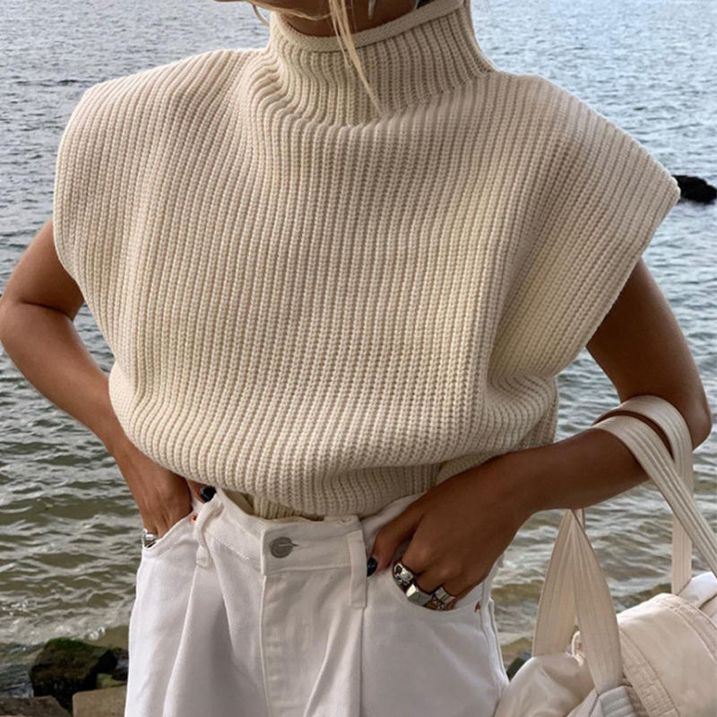 Vara și toamna vestă fără mâneci la modă Turtleneck Top Elegant Crop