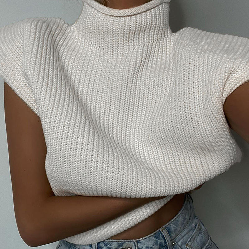 Vara și toamna vestă fără mâneci la modă Turtleneck Top Elegant Crop