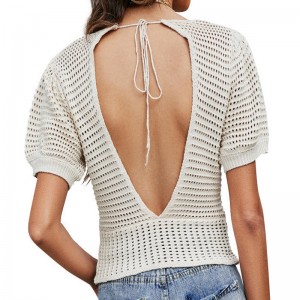 Summer New Bubble Mânecă Pulover Top Style Stilul scurt Hollow Out Sexy Backless C-Neck pentru femei