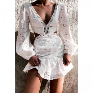 Seaside Resort Stil sexy fără talpă V-C-Traclă Varcina Hollow Rochie Albă mică Rochie scurtă