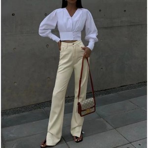 Cămașă cu mâneci lungi alb-gât cu design feminin Sense Niche New subțire cu mânecă subțire